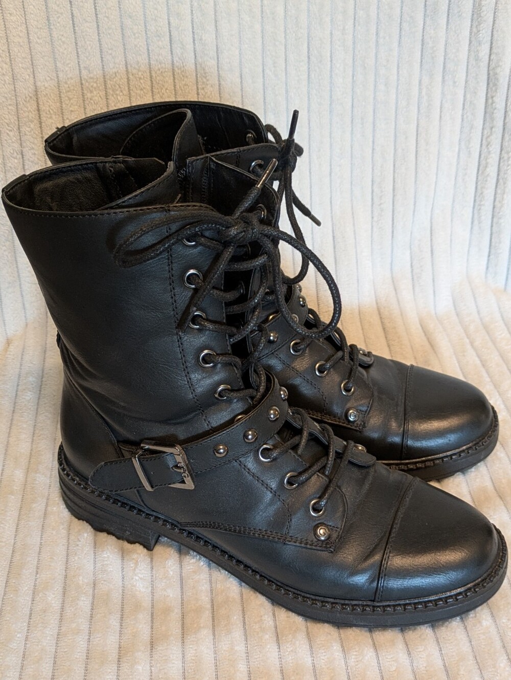 Guess Black Lace-Up Combat Boots with Buckle Detail